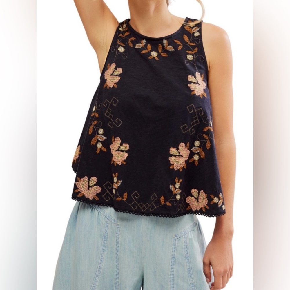 Free People Flirty Cotton Embroidered Sleeveless Tank Top Black Floral - Small